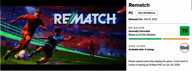 《开球! REMATCH》游戏封面及宣传图，展现球场上球员激烈对抗的瞬间