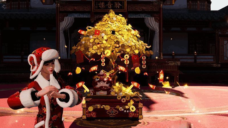 灵殊·摇钱树外观展示，金色装饰点缀，手持金币飘落特效