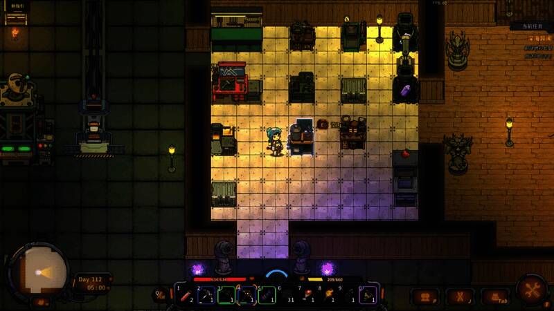 角色手持镐子在岩洞中挖掘，周围环境幽暗且充满异形植物