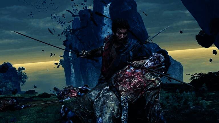 《鬼武者：剑之道》游戏封面图，主角手持武士刀，背景是暗黑风格的战场