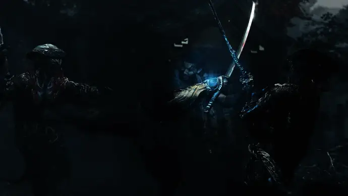 主角宫本武藏战斗场景，身着传统武士装束，手持长剑迎敌