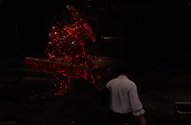 角色正在进行完美防御动作，手中武器格挡住敌人的猛烈攻击，火花四溅