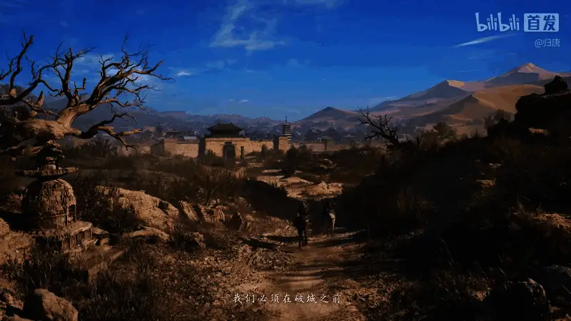 角色在狂风沙暴中艰难前行，斗篷被风吹得猎猎作响，前方视线模糊