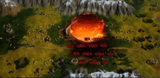 《世界启元》导弹精确打击目标瞬间，展示建筑摧毁与部队重伤效果