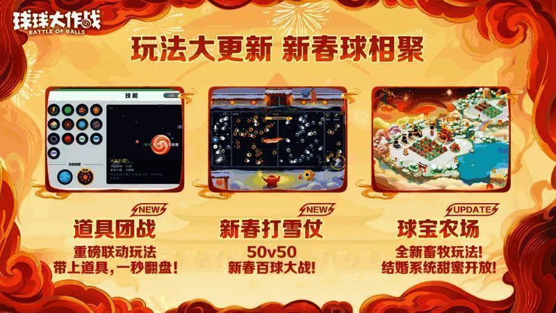 游戏内三种新春玩法界面截图，分别标注名称及简要介绍