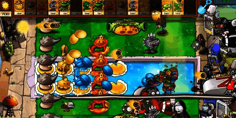 僵尸靠近雷果子啃食，瞬间被电流弹飞并掉血