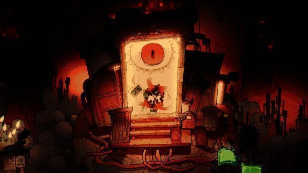 角色与怪物对峙的战斗场景，气氛紧张，怪物造型独特