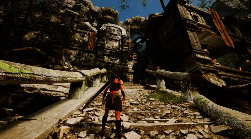 神庙地图主路蜿蜒而上，山石台阶营造紧张氛围