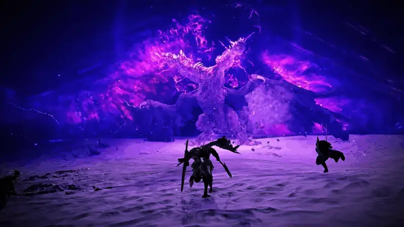 《艾尔登法环：夜之统治》中“碎身巨颚”Boss战斗场景，黑暗气息弥漫，角色与怪物激烈对抗