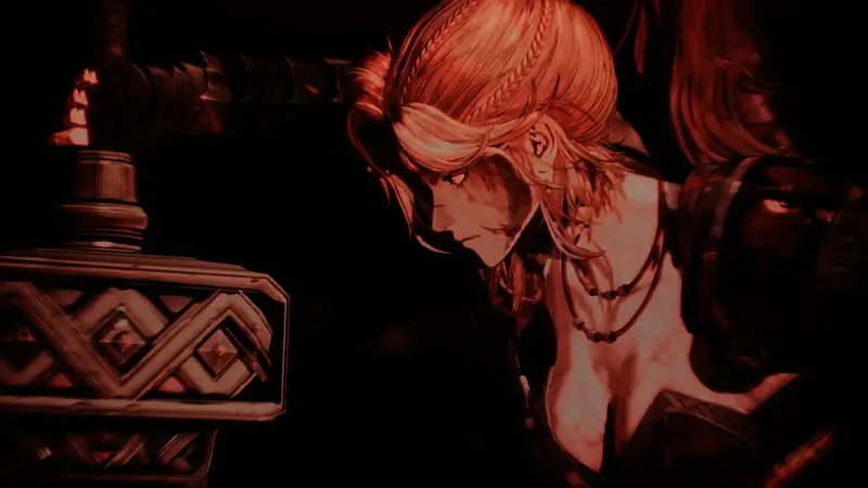 女性版卡赞角色立绘展示，身着战甲英姿飒爽，背景为暗黑风格战场场景