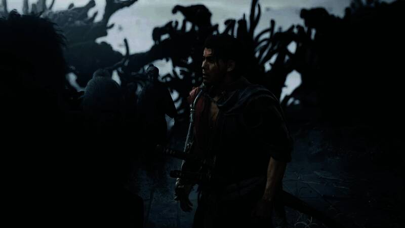 游戏宣传画，宫本武藏持刀立于山巅，背景为日式古战场