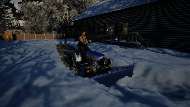 扫雪模拟器游戏画面，展示暴风雪中驾驶铲雪车清理道路的场景