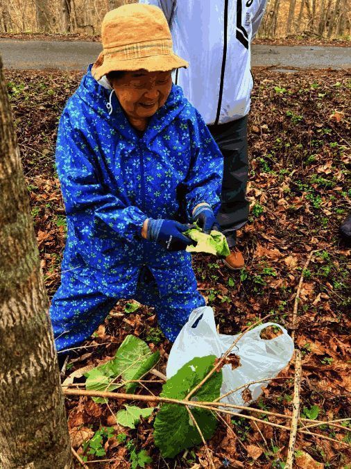 开发人员与一位阿依努老奶奶交谈，背景是传统木屋