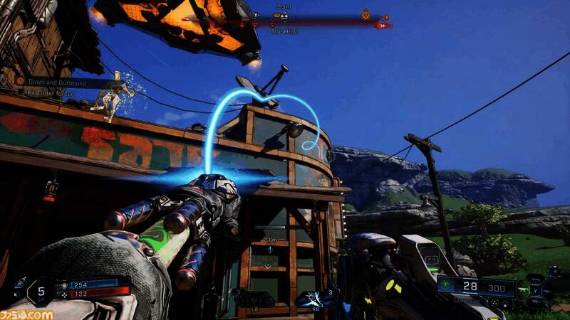 游戏画面展示角色使用抓钩飞越障碍物的动态瞬间