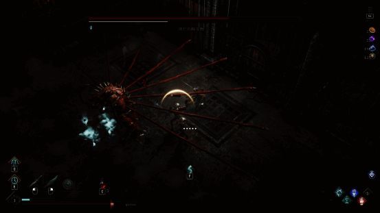 角色手持武器在黑暗场景中战斗的画面，背景有幽灵般的敌人