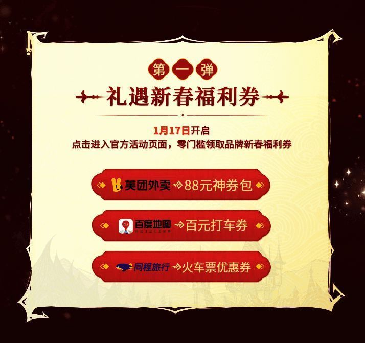 新春福利页面截图，展示可领取的各类优惠券及抽奖入口