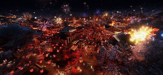 除夕夜烟花绽放，玩家角色齐聚广场庆祝新春到来