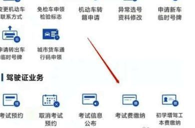 考试费缴纳功能选项在交管12123中的具体位置展示