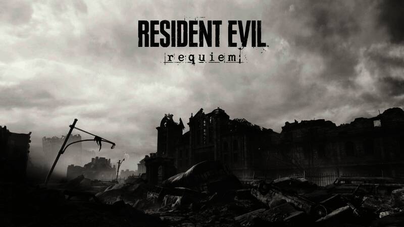 浣熊市全景画面，废墟与浓烟弥漫，城市陷入混乱与恐慌