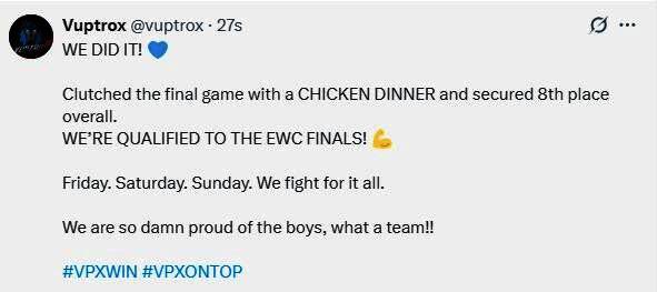 VPX战队全员合影，庆祝成功晋级欧洲EWC预选决赛