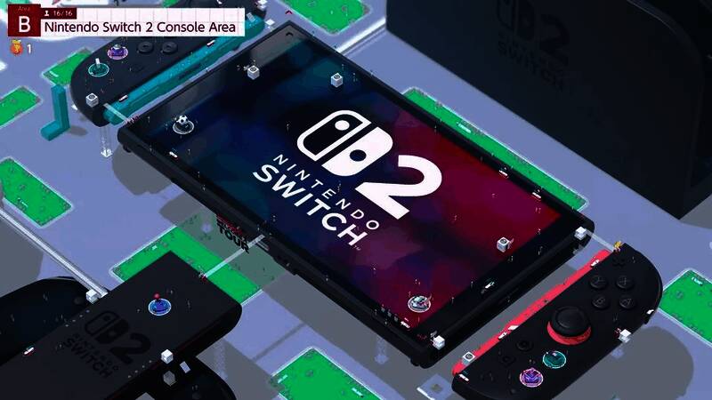 玩家使用多种外设进行游戏的画面，背景中摆放着各种任天堂Switch2配件