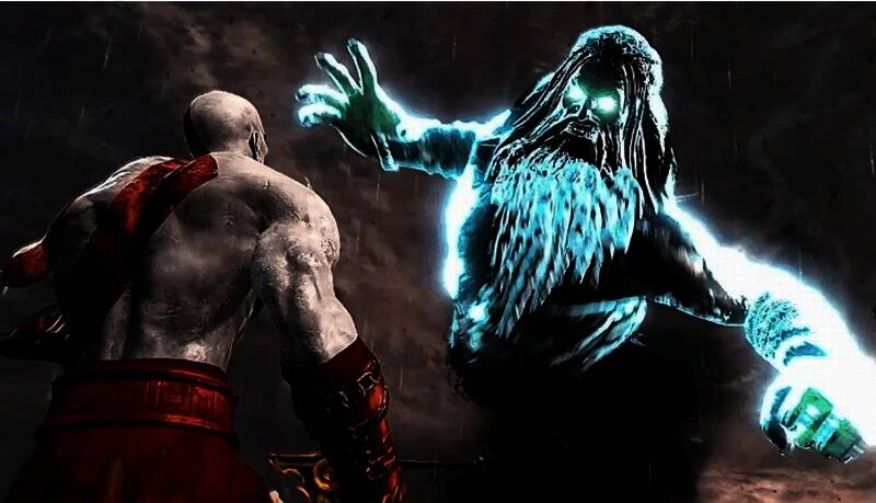 战神系列经典场景回顾，奎托斯手持利刃，背景为古希腊神庙