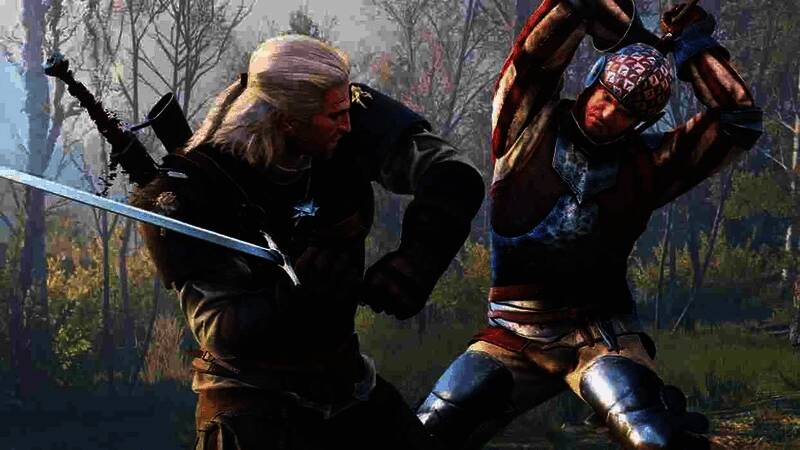 马切伊·克维亚特科夫斯基正在接受采访，背景为《巫师》游戏画面