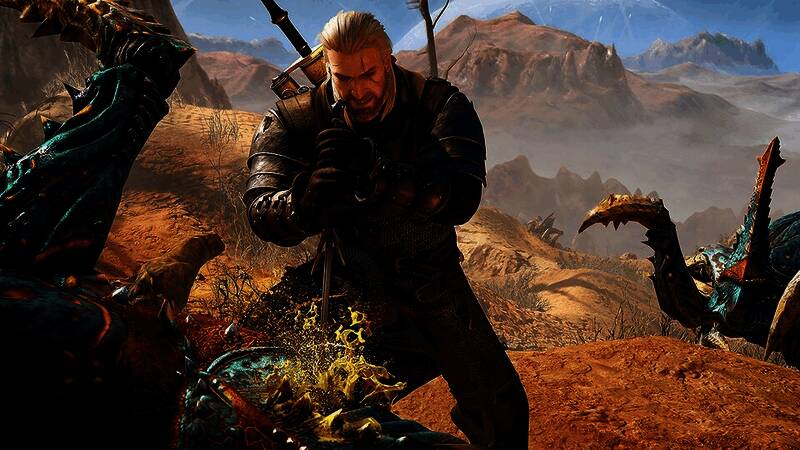 游戏内杰洛特与敌人激烈交战的画面，展示出流畅而富有张力的战斗动作