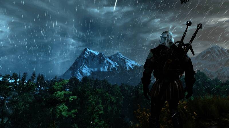 杰洛特在战斗中使用魔法与剑术对抗一群水鬼，动作流畅且极具视觉冲击力