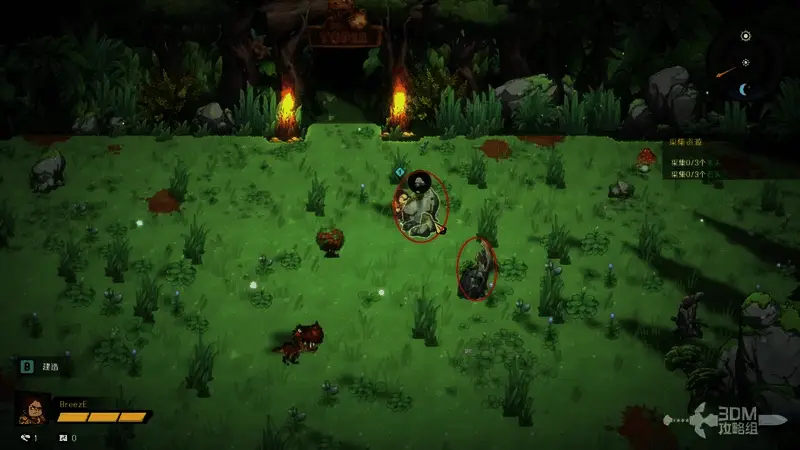 主角正在采集木材的画面，周围散落着各类原始资源