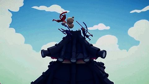 游戏角色在塔顶激烈对抗的动画效果