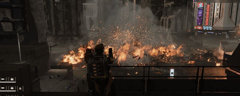 绝地潜兵2中角色手持无后坐力炮准备射击的画面，背景为战场环境