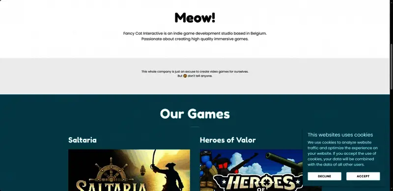 Fancy Cat Interactive官方网站页面截图，界面简洁清晰，列有工作室旗下所有作品}