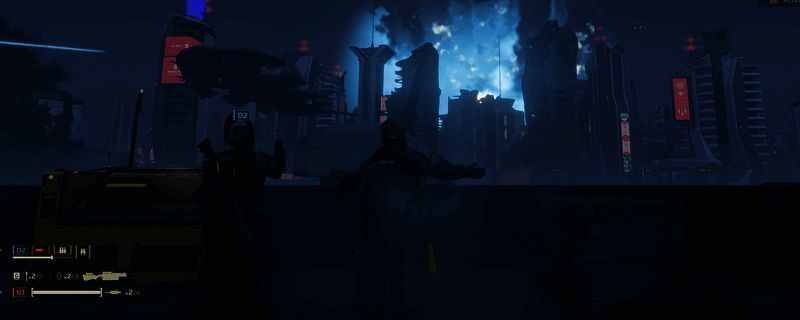 游戏中角色分头行动的示意图，四人呈扇形分布于开阔地带