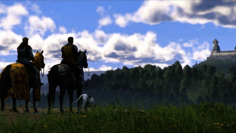 战马工作室CEO在发布会现场致辞，身后大屏幕播放《天国：拯救2》游戏片段