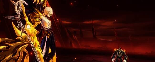 白厄战斗场景截图，角色释放大招瞬间，火焰特效覆盖全场