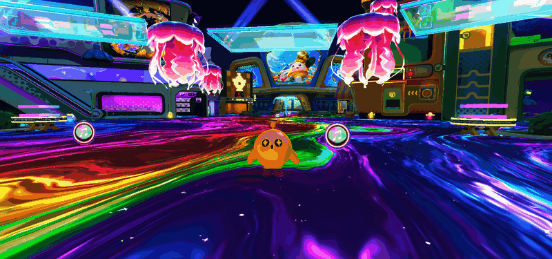 蛋仔岛被七彩星河和灯光装饰得如梦如幻，呈现出节日氛围