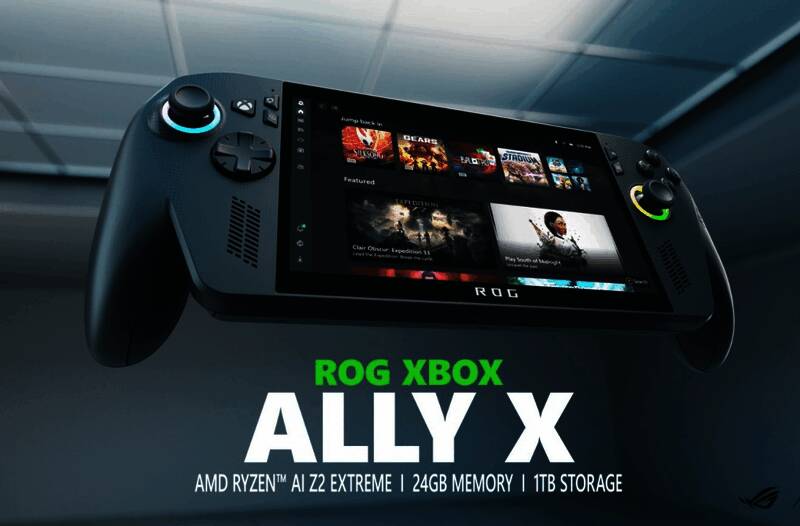 Xbox Ally X掌机正面展示图，银黑配色尽显科技感