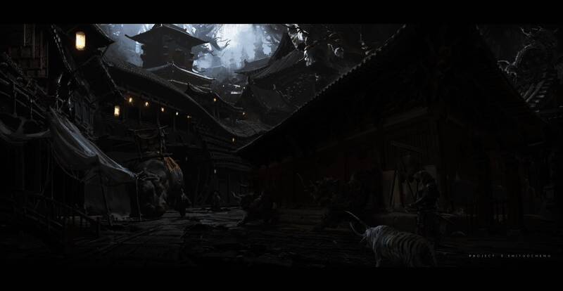 狮驼岭概念图，山林间雾气缭绕，古树参天