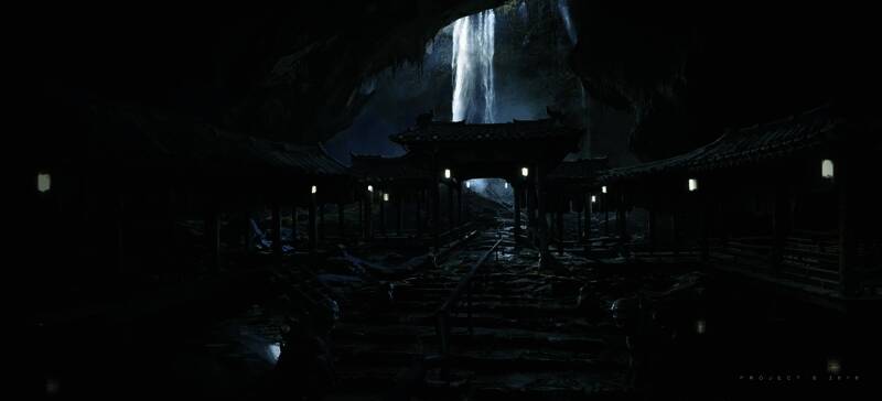 狮驼国废弃城镇概念图，破败建筑与阴云密布