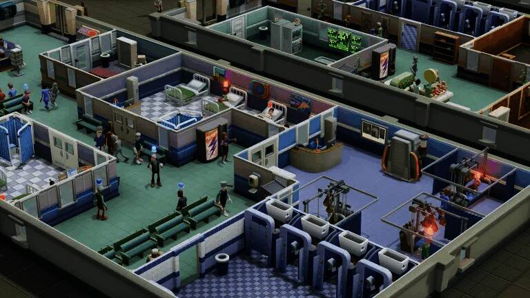 游戏内截图展示玩家正在管理一家充满奇思妙想的医院，各种搞笑病人和设施令人忍俊不禁