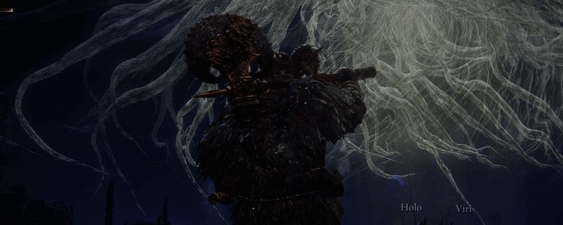 艾尔登法环黑夜君临游戏角色无赖战斗场景，手持双持重型武器与BOSS激烈交锋