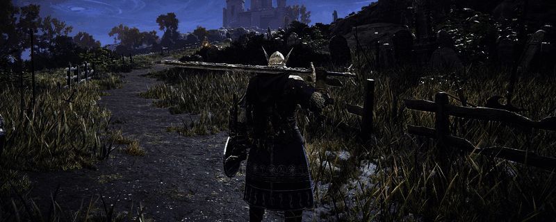 追猎者使用钩锁飞跃地形的实战画面，背景可见城堡与火山地貌交错