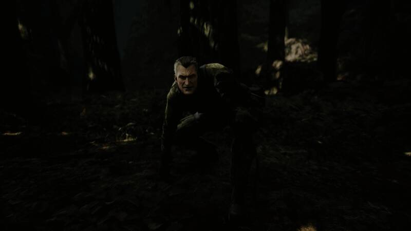 主角Snake在密林中使用迷彩系统进行伪装，画面高度写实