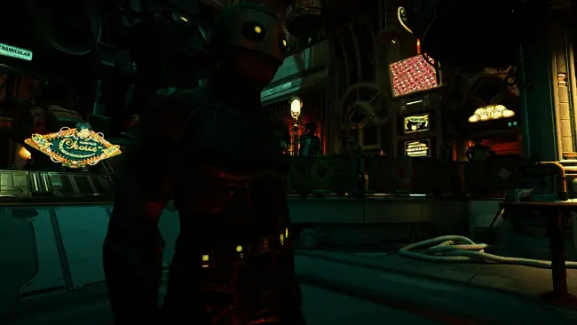 《天外世界2》游戏场景截图，角色身处科幻城市中