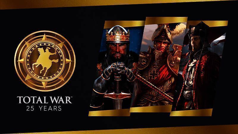 《全面战争》25周年纪念LOGO展示，背景为标志性战场画面