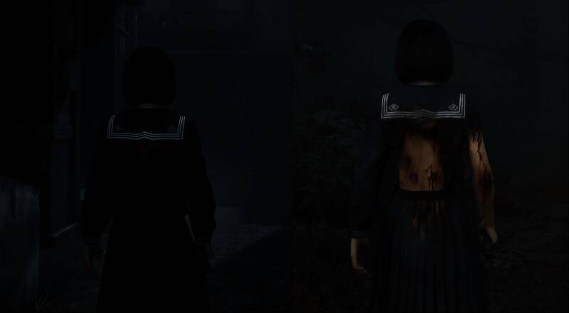 《寂静岭F》游戏截图，展示女主服饰破损细节