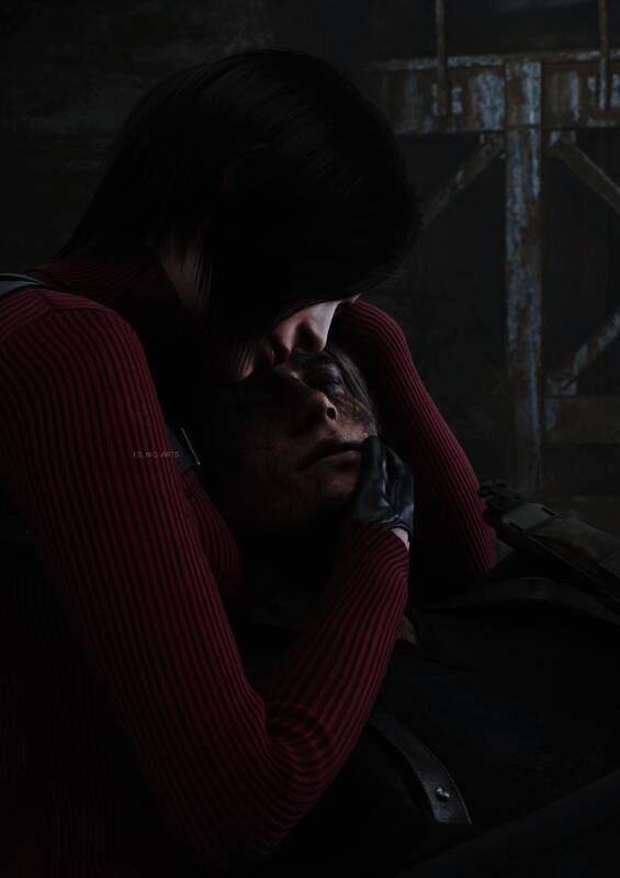 里昂面色苍白，身体虚弱地靠在艾达肩上，周围弥漫着诡异的绿色光线