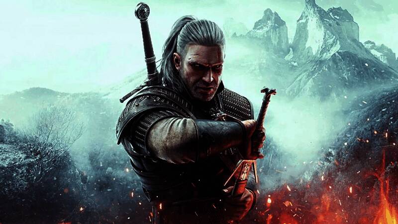 《巫师3》游戏画面与角色杰洛特展示，背景为奇幻森林场景