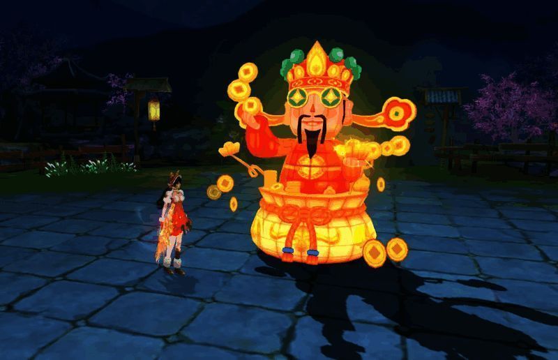 财神摆件摆放于家园中，象征招财进宝的美好祝愿